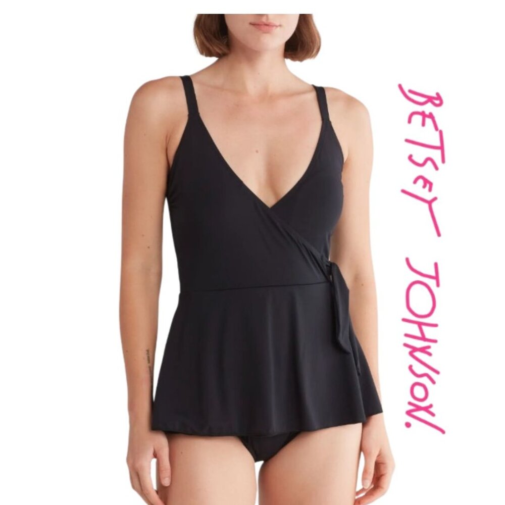 NWT Betsey Johnson One-Piece Swimsuit Swim Dress Solid Black Side Tie